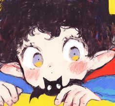 a child's drawing of a boy with black hair and blue eyes looking over his shoulder