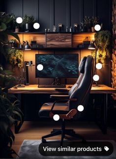 a chair sitting in front of a computer on top of a wooden desk next to a plant