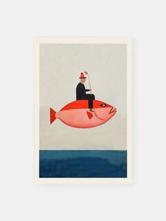 a man riding on the back of a red fish with a top hat and cane