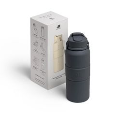 thermos bottle is next to its box on a white background, with instructions for how to use it