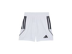 adidas Kids Tiro 23 Shorts (Little Kids/Big Kids) - Kid's Clothing : White/Black : , Start your day in the fit and classy design of the comfy and high-performance adidas Kids Tiro 23 Shorts. Made from a lightweight and stretch fabric with Aeroready technology Elasticized waist with drawstring closure. Side stripes with mesh detailing. 100% recycled polyester. Machine wash, line dry. Imported. Measurements: Waist Measurement: 20 in Outseam: 12 in Inseam: 5 in Front Rise: 8 in Back Rise: 10 in Leg Opening: 16 in Product measurements were taken using size 2XS (4 Little Kids). Please note that measurements may vary by size. Summer Workout Activewear With Three Stripes, Sporty Summer Activewear With Elastic Side Panels, White Activewear For Gym With Elastic Side Panels, White Three Stripes Gym Shorts, White Activewear With Elastic Side Panels For Gym, White Gym Activewear With Elastic Side Panels, White Activewear With Elastic Side Panels For Workout, White Three-stripes Gym Shorts, White Athleisure Activewear With Elastic Side Panels