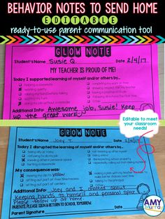 the behavior notes to send home for parents and children with text on top of it