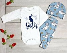 3Pcs Easter Newborn Outfit $21.80 or 4 automatic, interest free payments of $5.45 Use code PinIt10 for 10% off your first order First Easter Outfit, Easter Pics, Graphic Onesies, Baby Easter Outfit, 1st Easter, Trendy Family