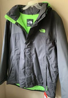 New with Tags The North Face Men large. Grey and green with hood Model CKY203B-L. New never worn From smoke free and pet free and virus free home Model CKY203B-L UPC 053329254340 Waterproof jacket with lightweight Heatseeker insulation and high loft lining. Relaxed fit. Raschel fleece or Sherpa fleece lining on collar and body. Removable, fully adjustable hood. Center front stormflap with Velcro closure. Secure-zip Napoleon chest pocket. Zip hand pockets. Drop-tail hem for added weather protecti Gray Hooded Parka For Outdoor Activities, Green Fleece-lined Outerwear For Outdoor Activities, Green Fleece-lined Outdoor Outerwear, Green Outerwear With Fleece Lining For Outdoor Activities, Green Waterproof Hooded Jacket With Long Sleeves, Gray Hiking Outerwear With Adjustable Hood, Green Windproof Outerwear For Outdoor Activities, Green Parka With Pockets For Hiking, Outdoor Green Hooded Jacket With Fleece Lining