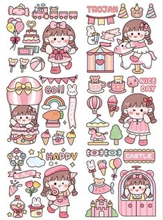 an assortment of stickers with girls in pink and white outfits, including balloons, ice cream