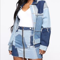 Never Worn. No Damages. No Longer Available At Fashionnova.Com. Denim Patches Jacket, Jacket And Skirt Set, Denim Jacket Patches, Denim Patches, Patches Jacket, Fashion Nova, Skirt Set, Color Blue, Women's Fashion