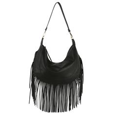 Women's Purse Black Soft Grain Vegan Faux Leather Rounded Hobo Saddle Shoulder Handbag Featuring Bottom Fringe and Stitching Detailing. Main Zipper Closure and Zipper Pocket on Back. Burnished Metal Hardware. Detachable Adjustable Crossbody Strap Included. Top Strap measures 13" tall. Fringe measures 9" long. Cheap Everyday Fringe Hobo Bag, Cheap Fringed Hobo Bag For Everyday, Cheap Fringe Shoulder Bag For Shopping, Cheap Fringed Hobo Bag, Luxury Women's Fringe Hobo Bag, Black Fringe Hobo Bag For Daily Use, Chic Black Bag With Fringe, Black Fringe Purse, Black Fringe Bag For Shopping