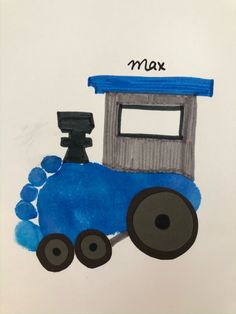 a child's drawing of a blue train with the word max on it in black ink