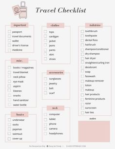 the travel checklist is shown in pink and white