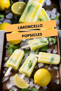 lemoncello popsicles on a tray with ice and mint