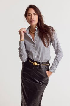 The Icon Shirt runs tailored at the waist, chest and back. For a contemporary fit, order true size. For a blousier fit, size up, or consider The Boyfriend Shirt for an even looser look. Our perfect fit cotton stretch button down now in a fun and fashionable stripe! Not to worry, your favorite fit is still here but we've added this sublime stripe. Best of all? Our patented No Gape® button technology has got you covered. We designed our best-selling Icon Shirt to be fitted throughout, giving you a The Boyfriend, Boyfriend Shirt, The Shirt, Bye Bye, White Stripe, Portugal, Perfect Fit, Womens Sizes, Technology