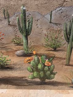 an artist's rendering of a desert garden with cacti and succulents