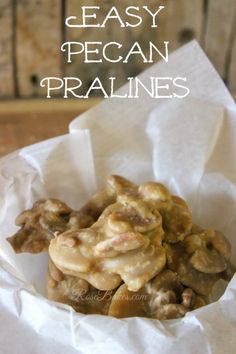 an easy pecan pralies recipe in a paper bag with text overlay