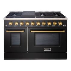 an oven with four burners and two doors