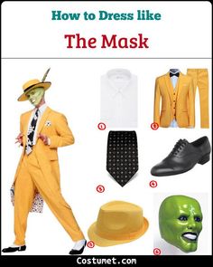 a man in a yellow suit and hat with the words how to dress like the mask