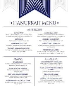 the menu for hanukkah dinner is shown in blue, white and gray