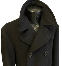 This is a original vintage 40's WWII Mans dark blue Kersey wool peacoat. Size 38 R Military issued, USA-4824, Has corduroy pockets. The jacket has many small issues, which is the reason for the low start price. Under both armpit, the seam has com unstitched and will need to be resewn.There are a few small moth pitts. Seam at right collar where it meets the lapel needs a few stitches. Now the inside liner has many frays, and the armpit seam of the left side has come unstitched as seen and will ne Navy Tailored Peacoat For Winter, Fitted Navy Pea Coat With Pockets, Navy Wool Pea Coat For Business, Classic Fitted Peacoat For Cold Weather, Classic Fitted Navy Pea Coat, Fitted Vintage Pea Coat For Business, Fitted Single Breasted Peacoat For Cold Weather, Vintage Wool Peacoat For Winter, Navy Wool Pea Coat With Pockets