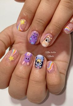 Bluey Themed Nails, Birthday Nails Gel Short, Nail Inspo For 12 Yo, Nail Ideas Real Nails, Bluey And Bingo Nails, Nail Ideas For Kids Cute, Bluey Nail Ideas For Kids, Blues Clues Nails, Kid Manicure Ideas