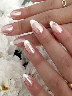 Chrome French Tips Almond, Paznokcie Hello Kitty, Kutek Disney, Summery Nails, Makijaż Smokey Eye, Bridal Nails, Prom Nails, Beauty Ideas, Chic Nails