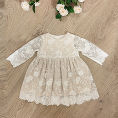 This is very pretty baby/toddler dress in beige and ivory tones. Ivory lace over beige/ecru base fabric, this stylish dress can be worn for baptism/ christening or to a wedding, or any other special occasion. The dress is made from soft pleasant fabrics, so that baby does not feel iritated.  The dress is available from baby up to size 3T Ecru Dress, Baby Girls Dresses, Baptism Dress, Christening Dress, Dress With Long Sleeves, Ivory Lace, Toddler Dress, Dress Floral