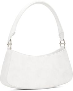 Pebbled leather shoulder bag in white. · Rolled carry handle · Pin-buckle strap detail at face · Zip closure · Card slot at interior · Faux-suede lining · H5 x W11.5 x D32 in Supplier color: Marble white Color Marble, Luxury Streetwear, Pebbled Leather, Faux Suede, Leather Shoulder Bag, Marble, Perfect Clothing, Buckle, Shoulder Bag