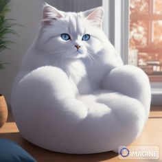 a white cat with blue eyes is sitting on a round shaped chair in front of a window