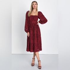 With The Help Of The Lulus Flirtatious Nature Burgundy Floral Jacquard Lace-Up Midi Dress, Everyone Is Sure To Be Drawn To Your Undeniable Charm! Airy Woven Chiffon, That Boasts A Burnout Floral Jacquard Design Throughout, Shapes This Perfect Spring Dress That Has A Lightly Gathered Bodice, A Square Neckline, And Semi-Sheer Balloon Sleeves With Elastic At The Shoulders And Cuffs. A Flirty Lace-Up Back And A Fitted Banded Waist Top A Flowy A-Line Skirt That Falls To A Midi Hem. Hidden Back Zipper Fall Midi Dress, Midi Dress Burgundy, Midi Dress Fall, Burgundy Midi Dress, Gathered Bodice, Jacquard Design, Fall Family Photos, Burgundy Floral, Floral Jacquard