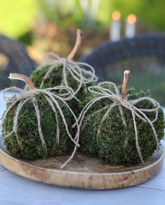 three small green pumpkins sitting on top of a wooden plate