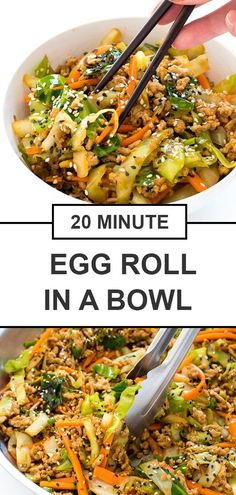 an egg roll in a bowl with chopsticks sticking out of it and the text low carb egg roll in a bowl