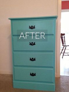 a blue dresser with the words after painted on it's bottom and bottom drawer