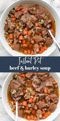 two bowls filled with beef and barley soup