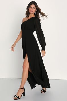 Graceful Elegance Black One-Shoulder Long Sleeve Maxi Dress Elegant One Shoulder Floor-length Dress For Spring, Flowy Off-shoulder Party Dress, Flowy Off-shoulder Dress For Party, Summer Formal One Shoulder Dress With Long Sleeve, Elegant One Shoulder Long Sleeve Dress For Summer, Elegant Long Sleeve One Shoulder Dress For Summer, Off-shoulder Chiffon Midi Dress For Parties, Chiffon Off-shoulder Midi Dress For Party, Elegant Long Sleeve One Shoulder Summer Dress