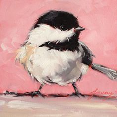 a painting of a black and white bird on a pink background