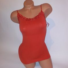 Dots Womens Tank Top Camisole Medium Burnt Orange Lace Trim Stretchy 90% Nylon 10% Spandex Bust Unstretched 13" Length 22" New With Tags *Bundle To Save Chavonne11 6w Fitted Red Camisole With Built-in Bra, Seamless Stretch Camisole For Party, Stretch Seamless Camisole For Party, Seamless Scoop Neck Tank Top For Party, Red Stretch Camisole With Tank Straps, Red Stretch Cami Camisole, Red Lace Trim Sleeveless Camisole, Fitted Red Camisole With Lace Trim, Seamless Bodycon Camisole