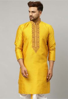 Art Dupion Silk Jacquard Kurta in Yellow This Readymade attire is Enhanced with Buttons and Resham Work. Crafted in Chinese Collar Neck and Full Sleeve Do note: Bottom and Footwear shown in the image is for presentation purposes only. Half to one inch may vary in measurement. (Slight variation in actual color vs. image is possible) Resham Work, Chinese Collar, Man Weave, Utsav Fashion, Dupion Silk, Collar Neck, Traditional Fabric, One Inch, Mens Plus Size