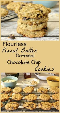 cookies with chocolate chips and floured peanut butter oatmeal are stacked on top of each other