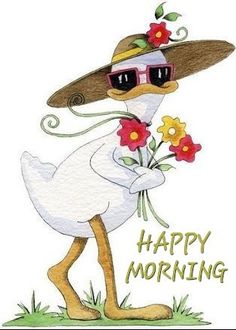 a cartoon duck wearing sunglasses and holding flowers