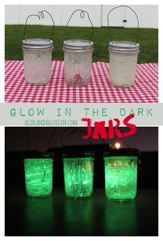 glow in the dark jars are sitting on a table with red and white checkered cloth