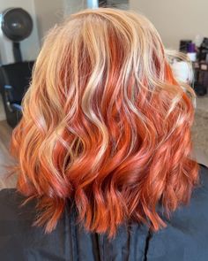 Platinum Blonde And Orange Hair, Red Hair With Peach Highlights, Red Orange And Blonde Hair, Copper Ends Hair, Blonde And Red Hair Ideas, Peekaboo Copper Hair, Blonde With Orange Peekaboo, Copper And Silver Hair, Red Hair Blonde Roots