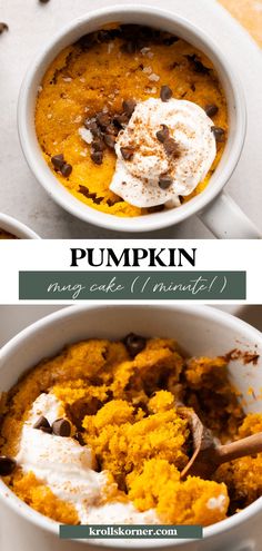 two bowls filled with pumpkin pudding and topped with whipped cream