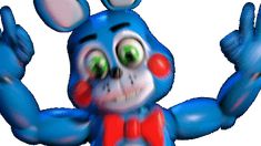 an animated blue bunny with big eyes and red bowtie on it's head