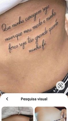 the back of a woman's stomach with words written on it and in spanish