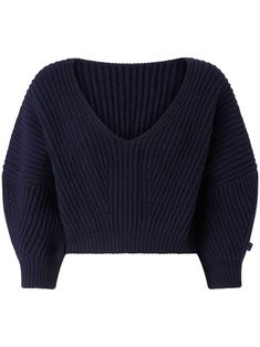 navy blue wool-cashmere blend chunky ribbed knit cropped V-neck drop shoulder half-length sleeves appliqué logo straight hem Wardrobe Edit, Iconic Bags, Cashmere Wool, Knit Crop, Exclusive Fashion, Blue Wool, Ski Wear, Ribbed Sweater, Lady Dior