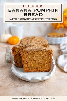 two slices of delicious banana pumpkin bread on a white plate with oranges in the background