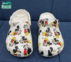 Posing Mickey Mouses White Clogs For Kids & Adults Casual Mickey Mouse Clogs With Round Toe, White Non-slip Fun Clogs, Mouse Pokemon, White Clogs, Mouse Cartoon, Crocs Crocband, Mickey Mouse Cartoon, Crocs Clogs, Football And Basketball