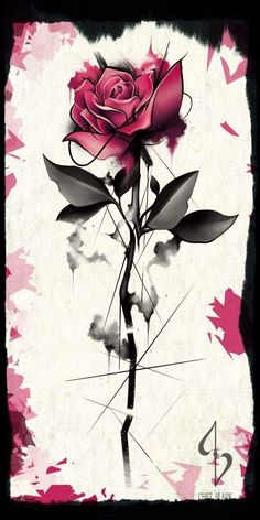 a drawing of a pink rose on a white background with black and red paint splatters