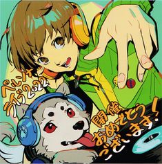 an anime character with headphones and a dog