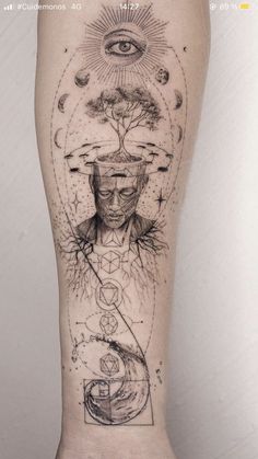 a person's leg with tattoos on it and an eye in the sky above them