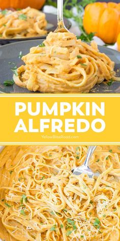 pumpkin alfredo in a skillet with the title above it and an image of pumpkins