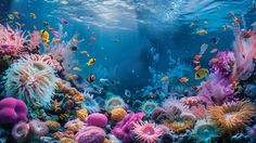 an underwater scene with colorful corals and other marine life on the bottom half of the water